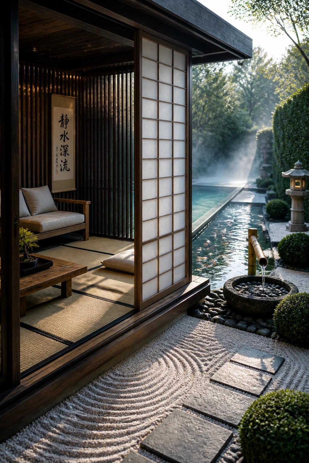 A wooden Japanese-style cabana with open shoji screens overlooks a narrow pool, raked gravel garden, and bamboo water spout in a landscaped backyard.