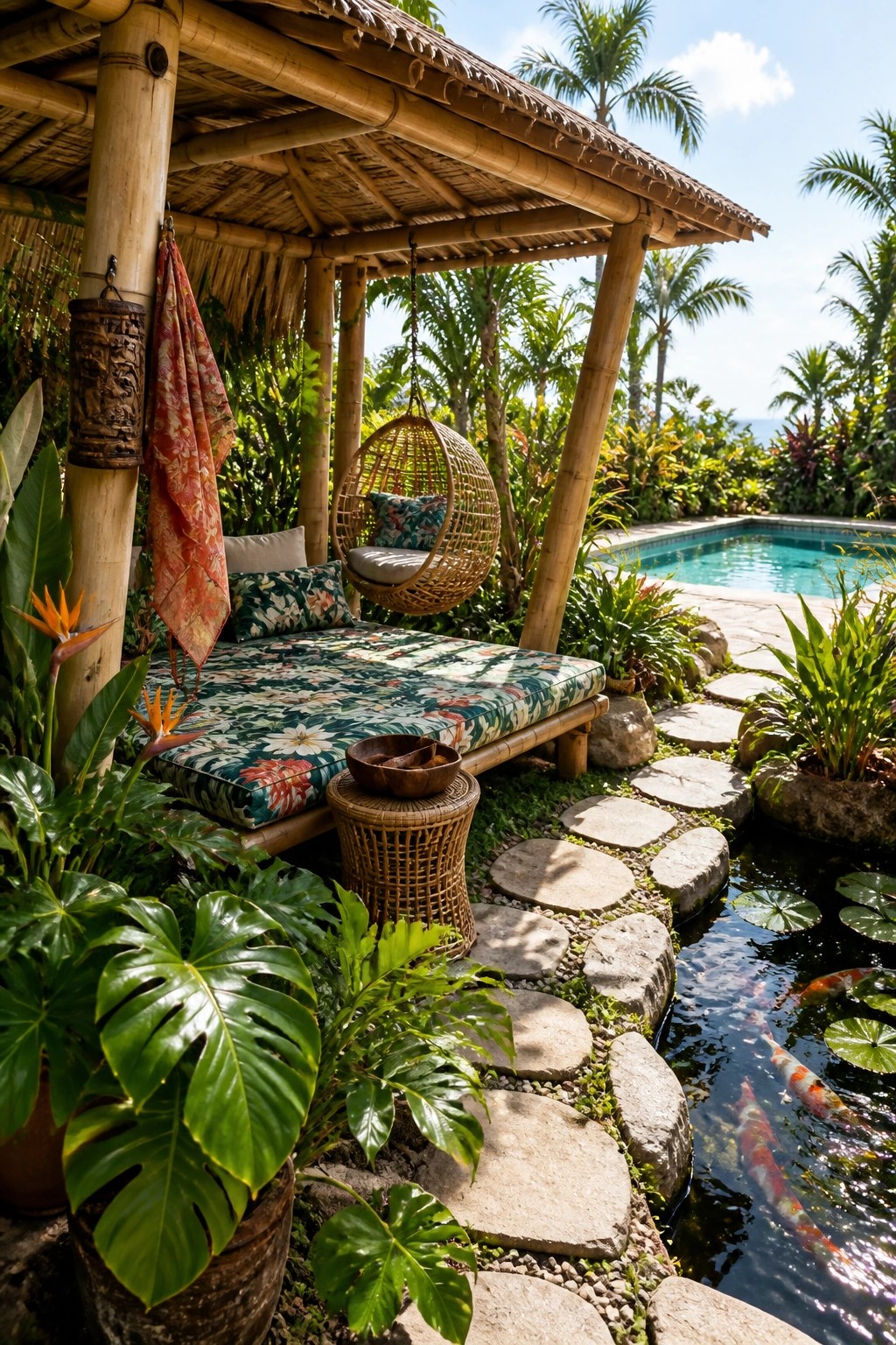 Bamboo hut with floral daybed, hanging chair, koi pond, and pool amid tropical plants
