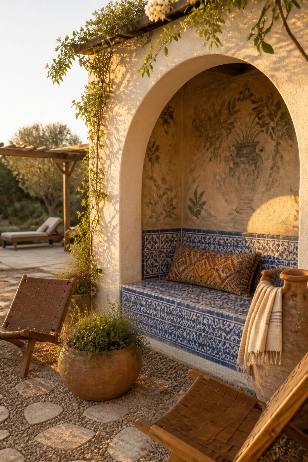 An outdoor arched niche contains a blue-tiled built-in bench with a patterned cushion and surrounding potted plants.