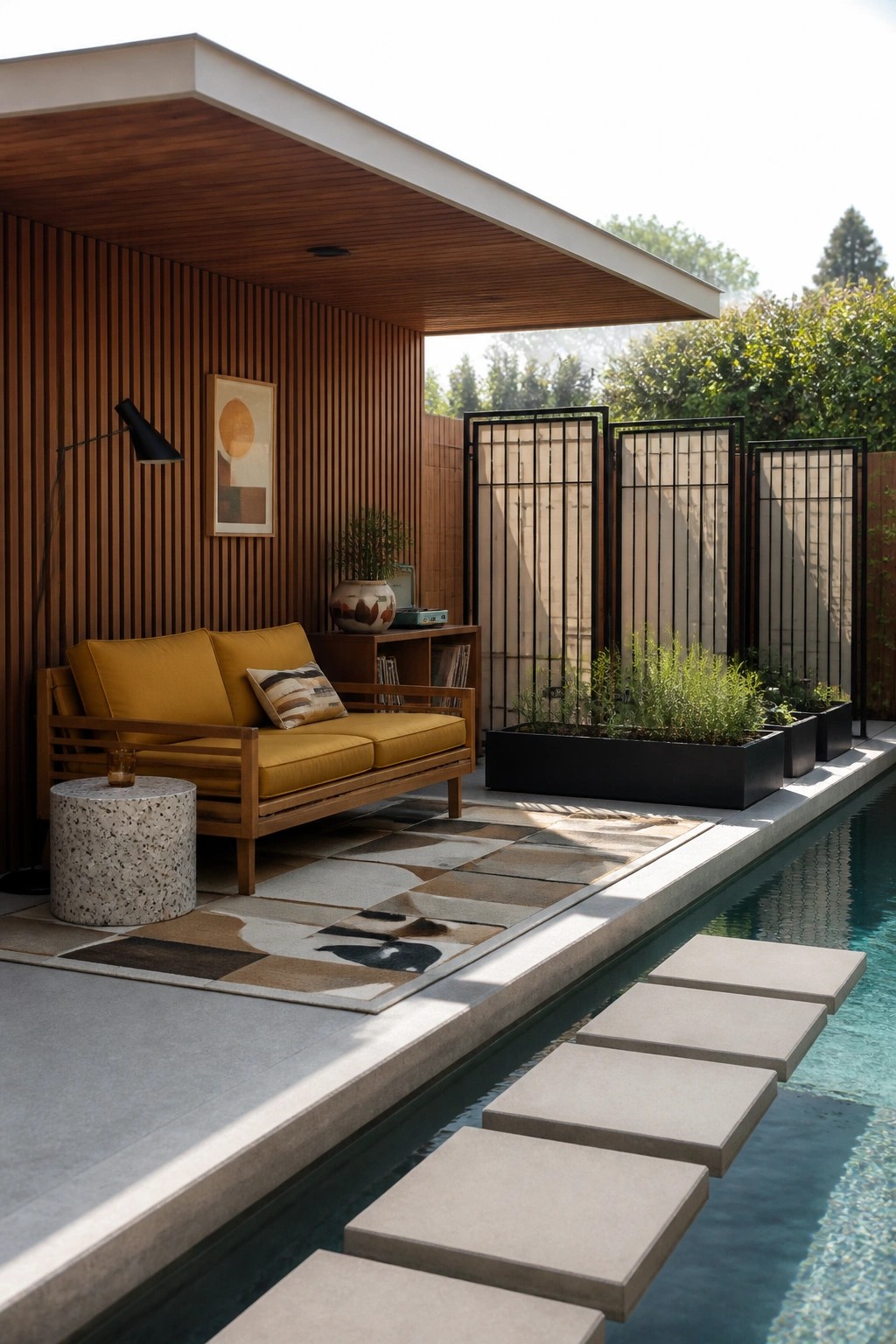 Modern patio with yellow sofa beside pool with stepping stones.