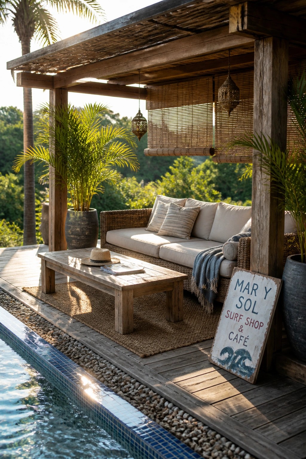 A wooden cabana with a sofa, coffee table, and potted plants beside a pool, featuring bamboo blinds and a surf shop sign.