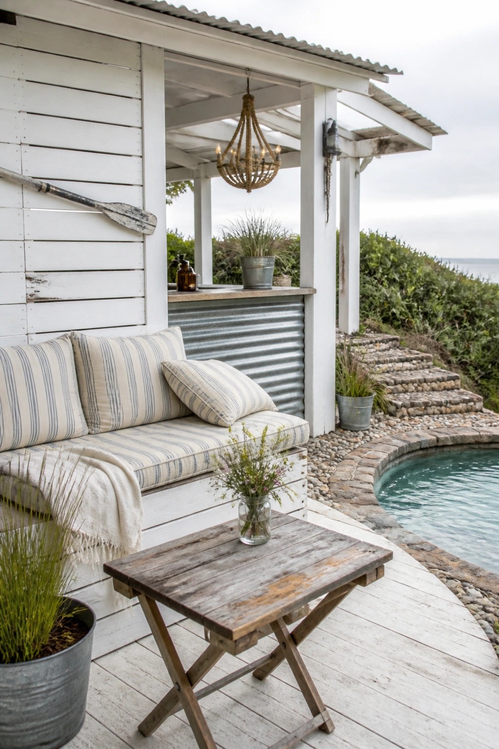 A white wooden cabana porch with built-in bench seating covered in striped cushions, a small rustic table holding a vase of flowers, and a pool visible nearby.