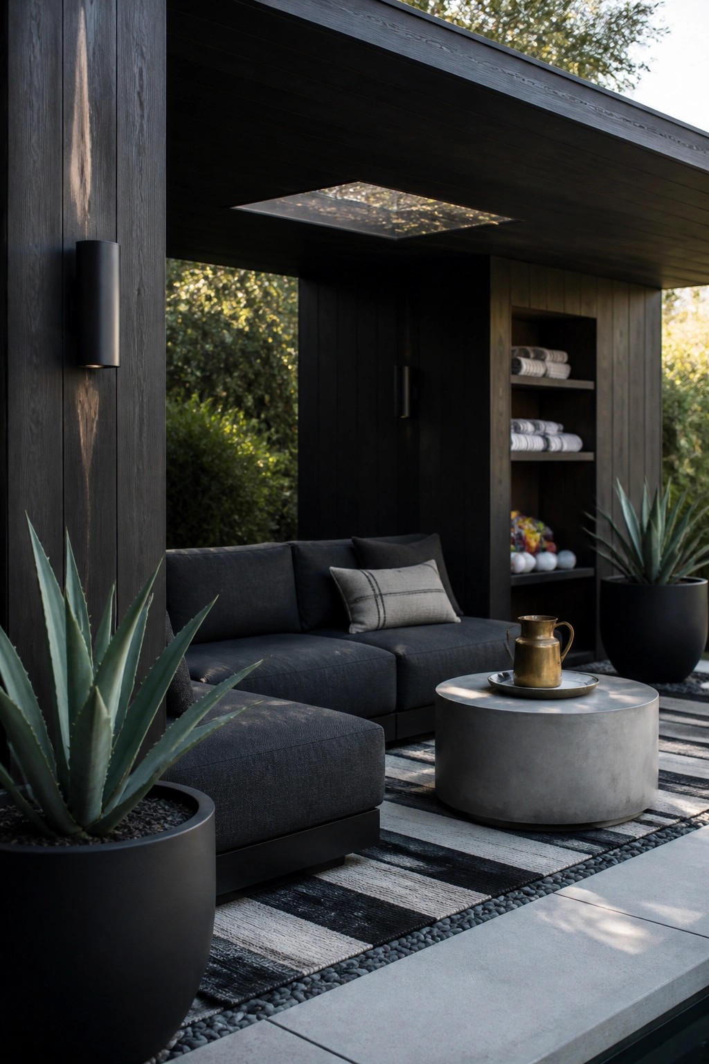 A modern outdoor cabana with dark wood walls, a dark sectional sofa, a round concrete coffee table, built-in open shelves, and potted plants on a striped rug.