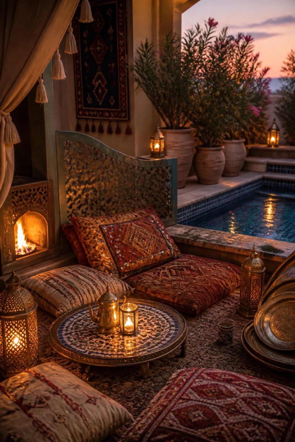 A poolside lounge area with layered rugs, patterned floor cushions, lanterns, and a small fire feature beside the water at dusk.