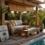 A wooden cabana with a sofa, coffee table, and potted plants beside a pool, featuring bamboo blinds and a surf shop sign.