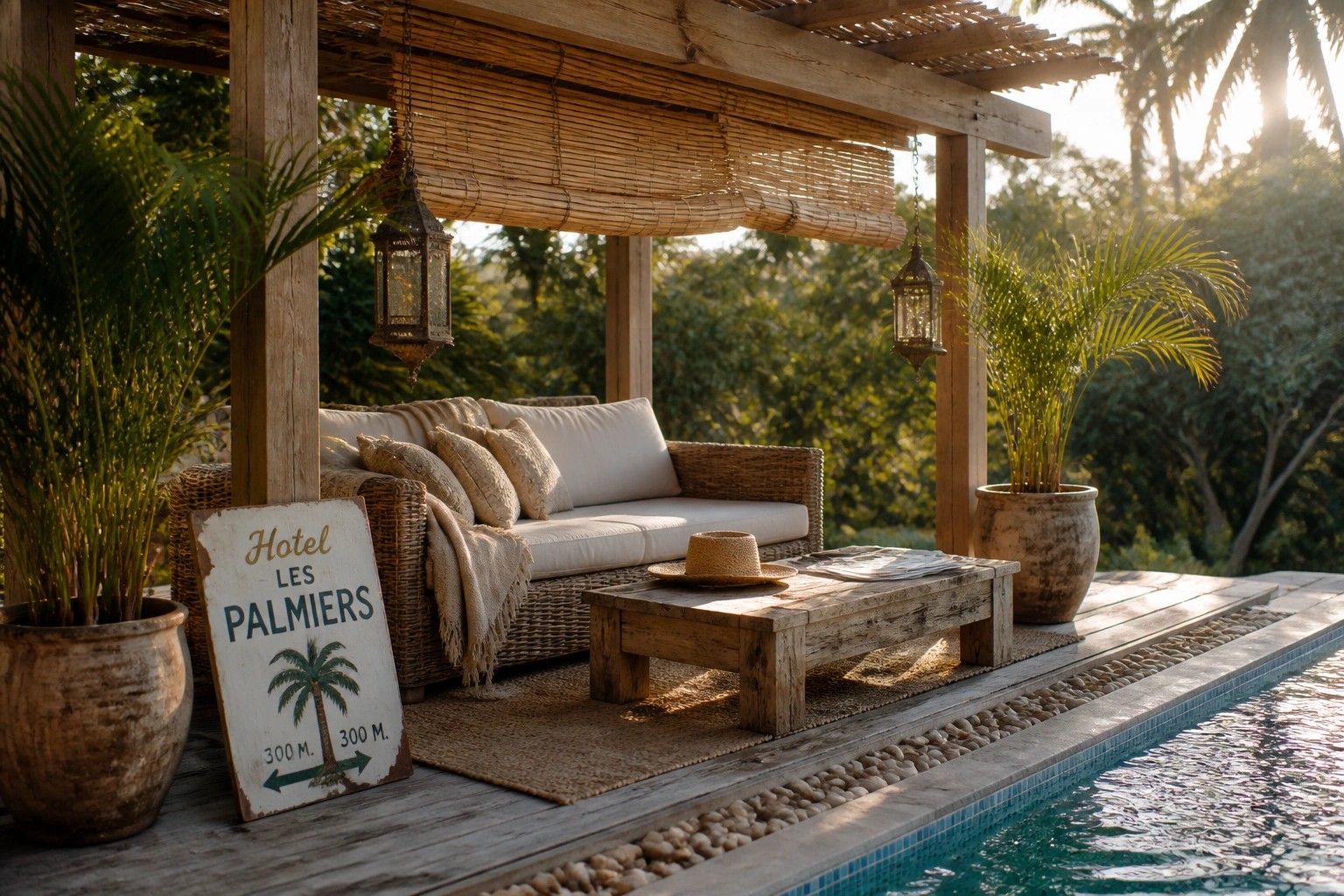 A wooden cabana with a sofa, coffee table, and potted plants beside a pool, featuring bamboo blinds and a surf shop sign.