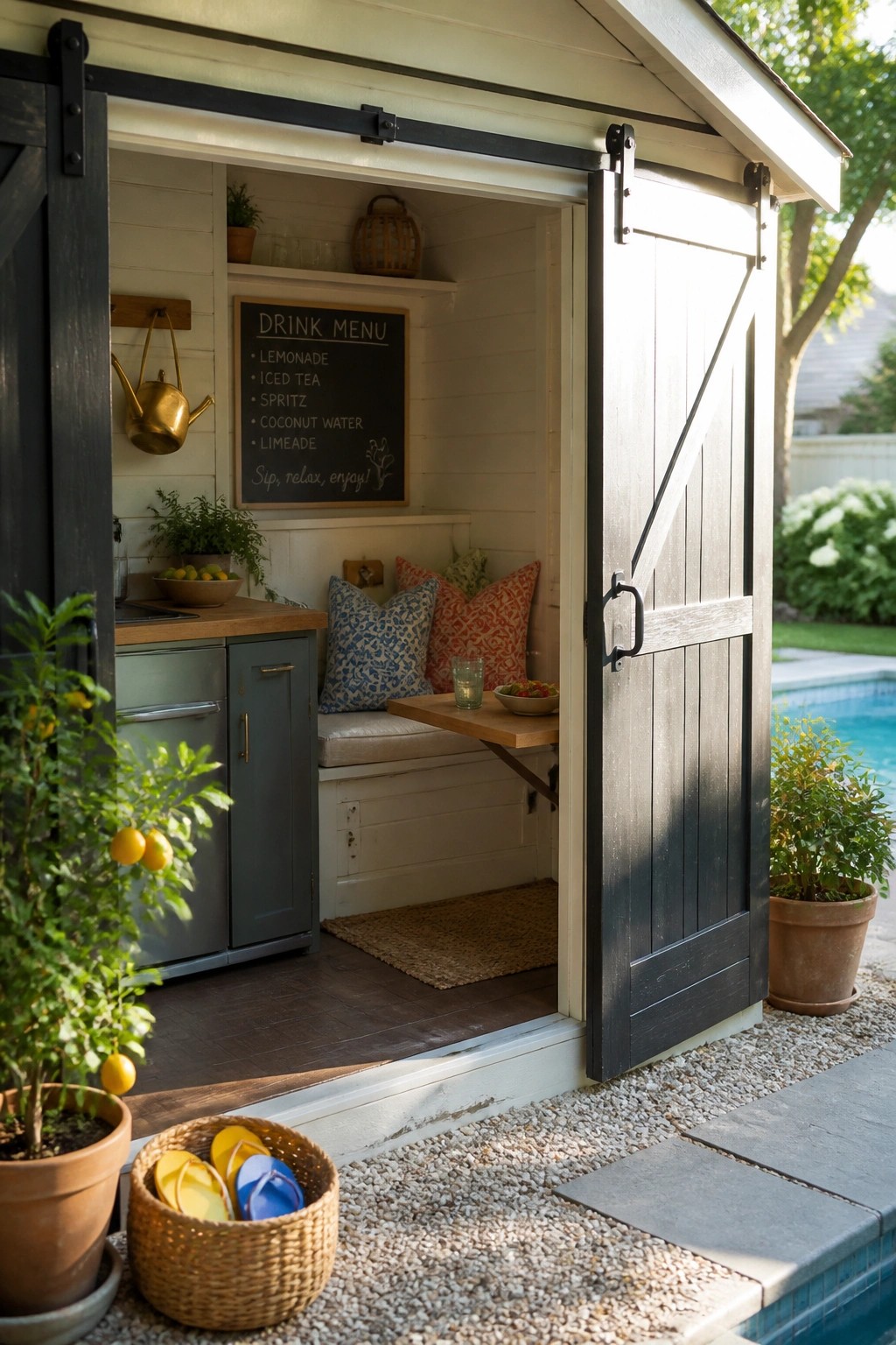 A small backyard shed by a pool with open dark wood doors, showing a chalkboard drink menu, bench seating, and a fold-down table inside.