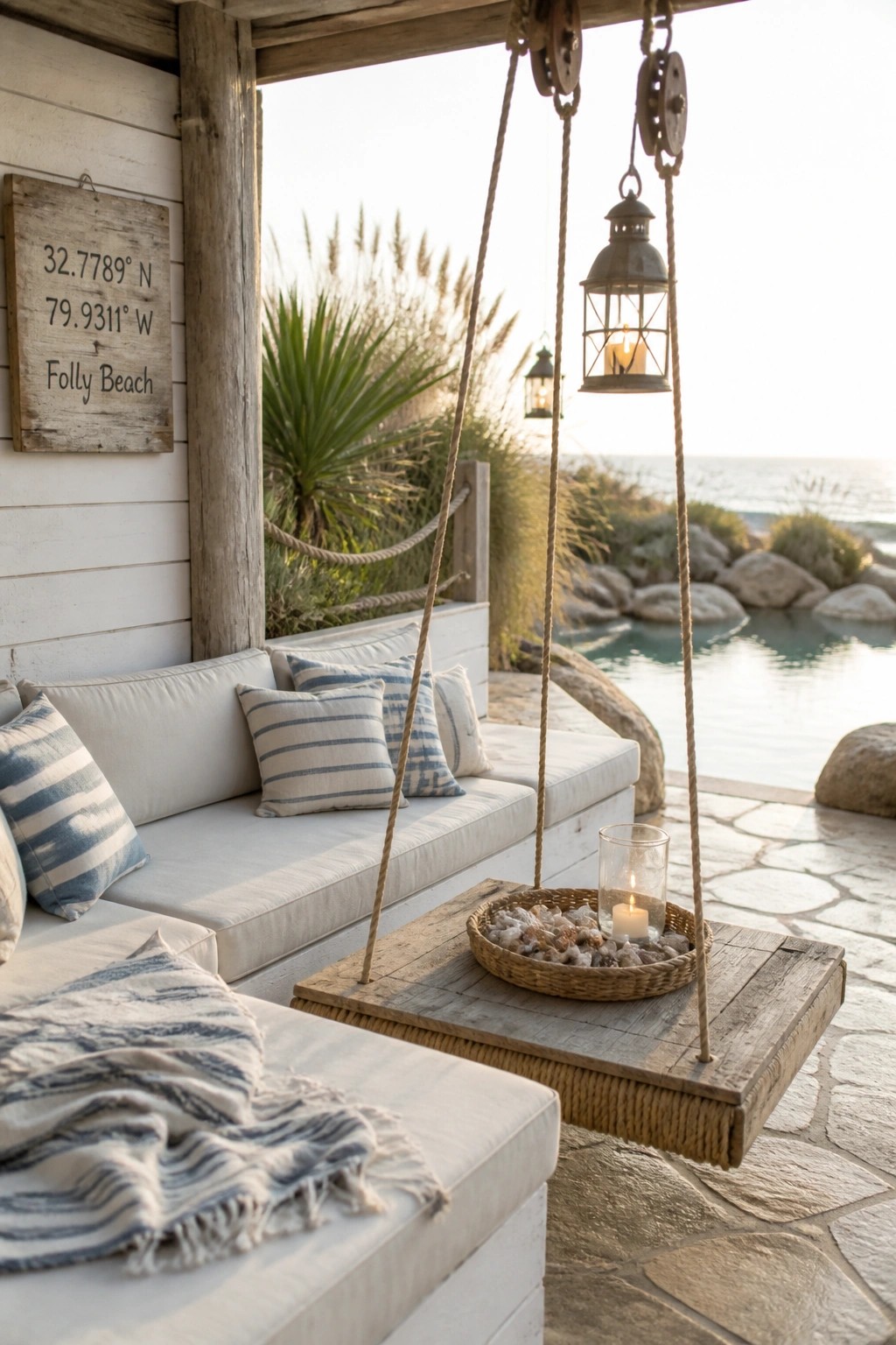 Rustic porch swing with white cushions, striped pillows, and hanging lanterns overlooking the ocean