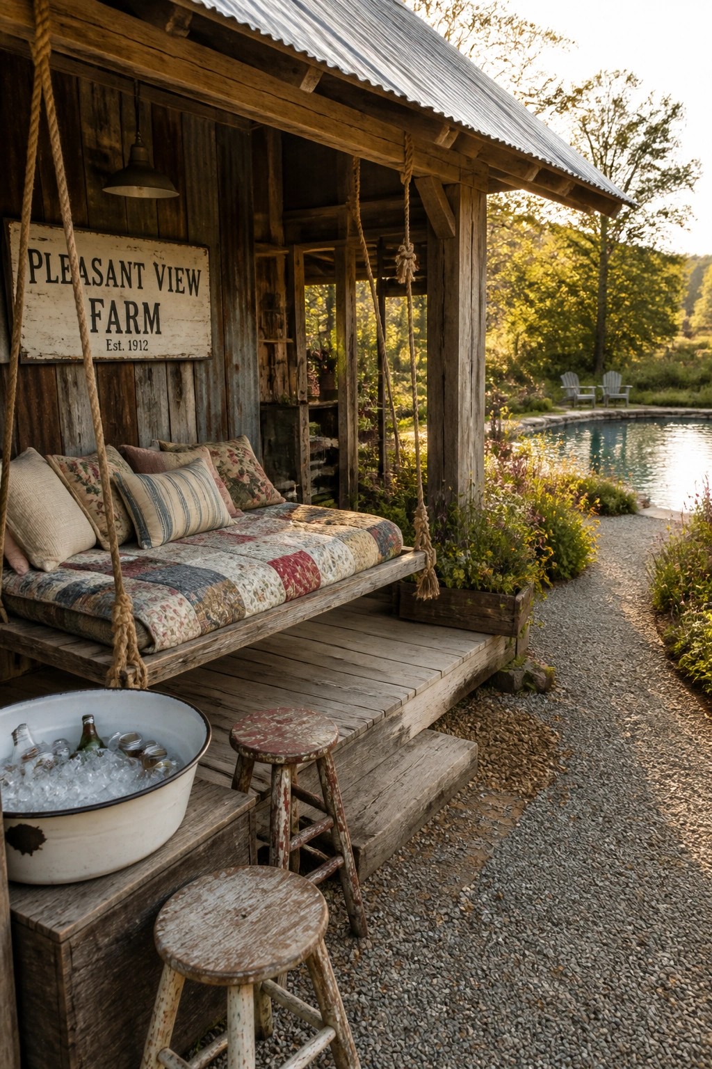 A rustic wooden porch on a backyard cabana has a rope-hung wooden swing daybed with a patchwork quilt, two old stools, and a gravel path leading to a pool.
