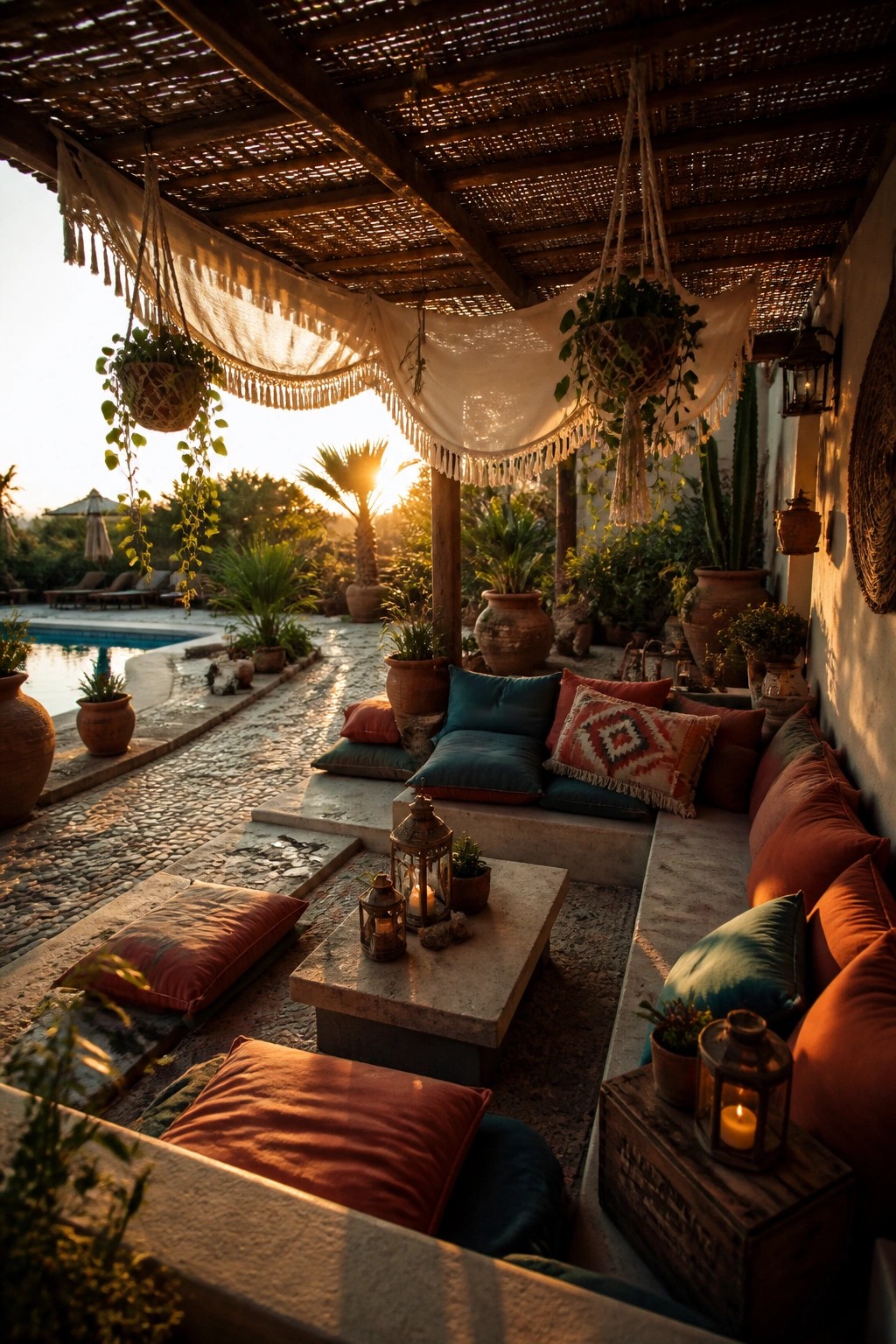 Outdoor covered patio with hanging white fabrics, cushions, lanterns, and potted plants next to a swimming pool at sunset.