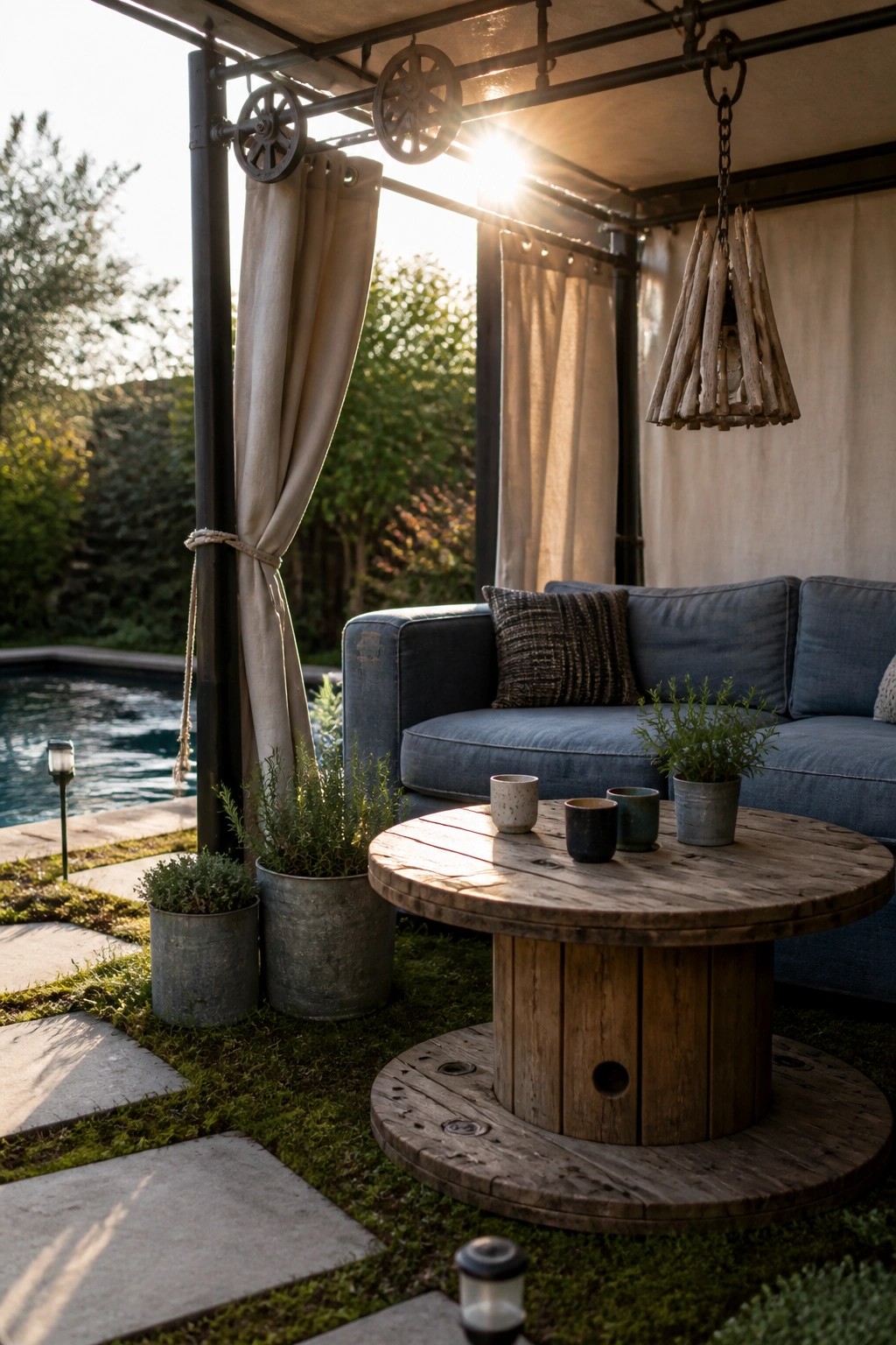 An outdoor seating area beside a pool features a blue sofa, potted plants, and a large wooden cable spool used as a coffee table under a covered structure.
