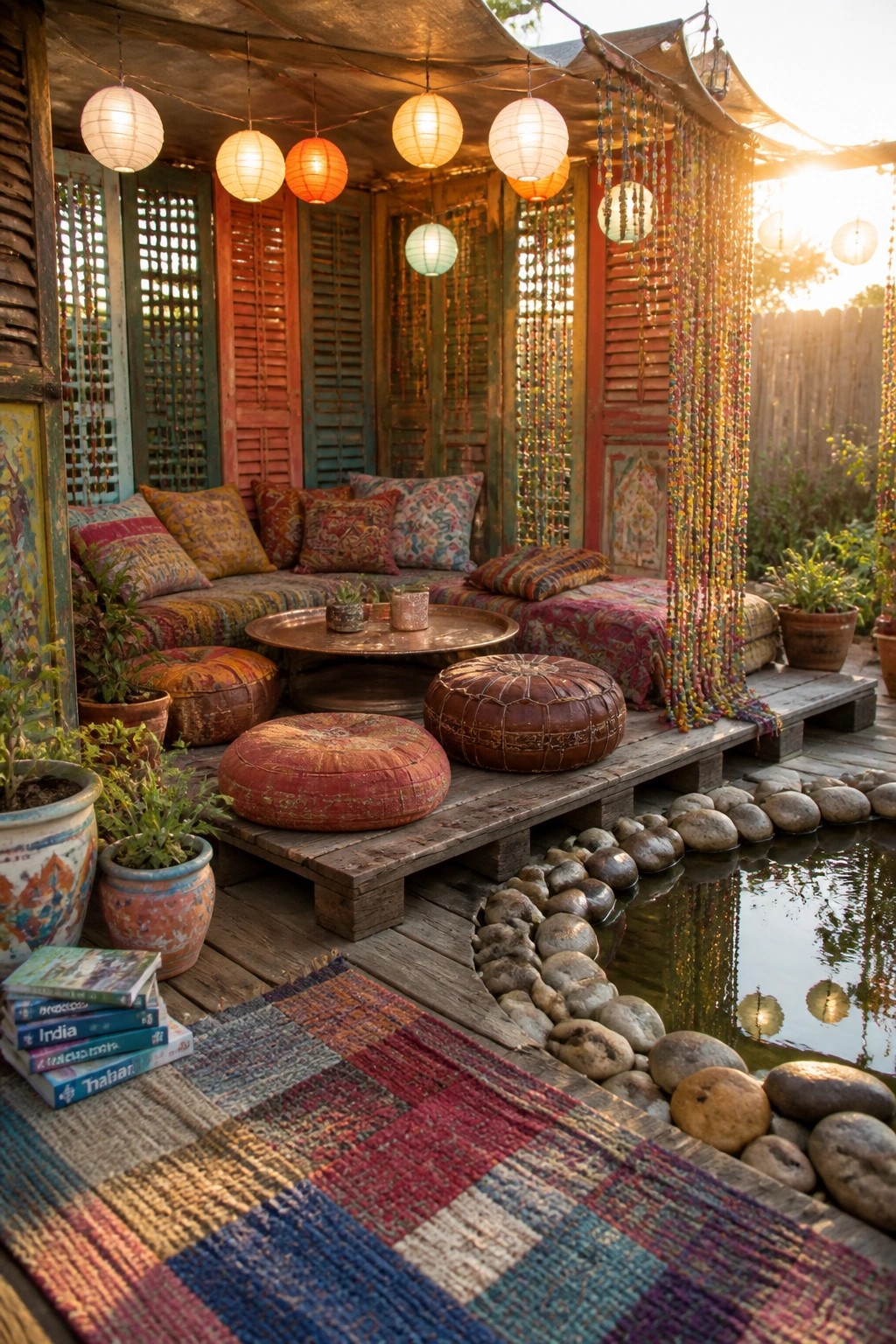 A raised wooden deck with colorful cushions, pillows, and multiple hanging paper lanterns beside a stone-edged pond.