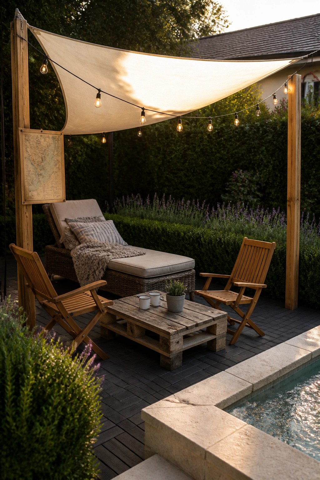 An outdoor pool deck with a large beige shade sail stretched between wooden posts, string lights, lounge seating, and a pallet coffee table.