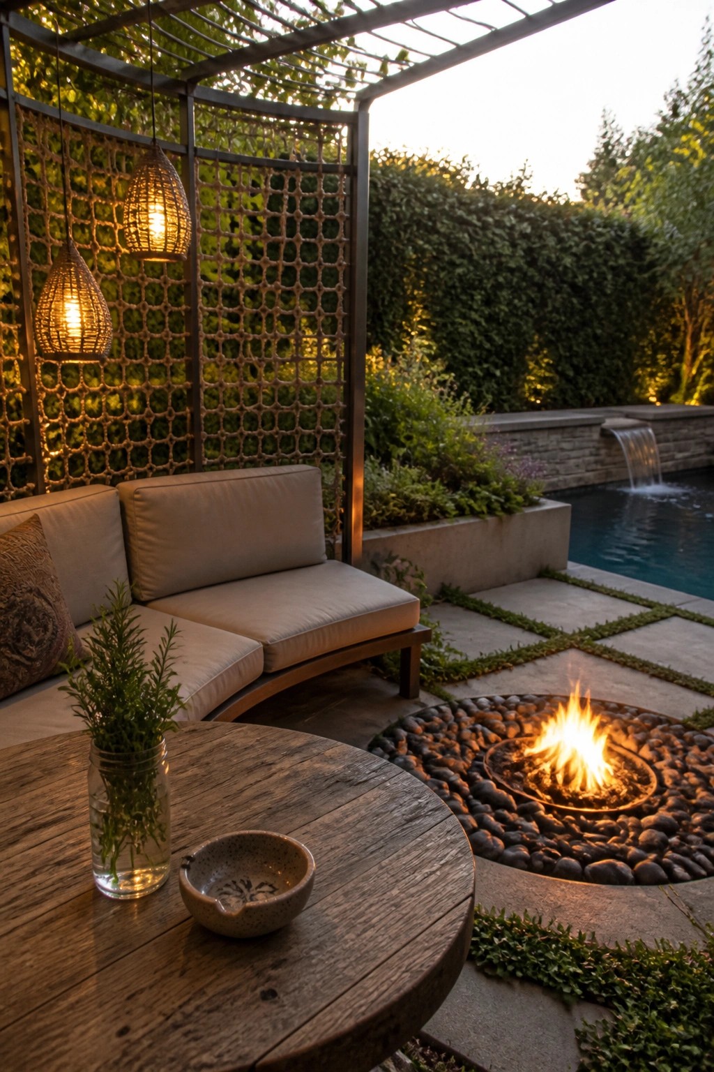An outdoor lounge area with a curved sofa under a metal pergola fitted with lattice screens, a round fire pit nearby, and a swimming pool visible in the background.