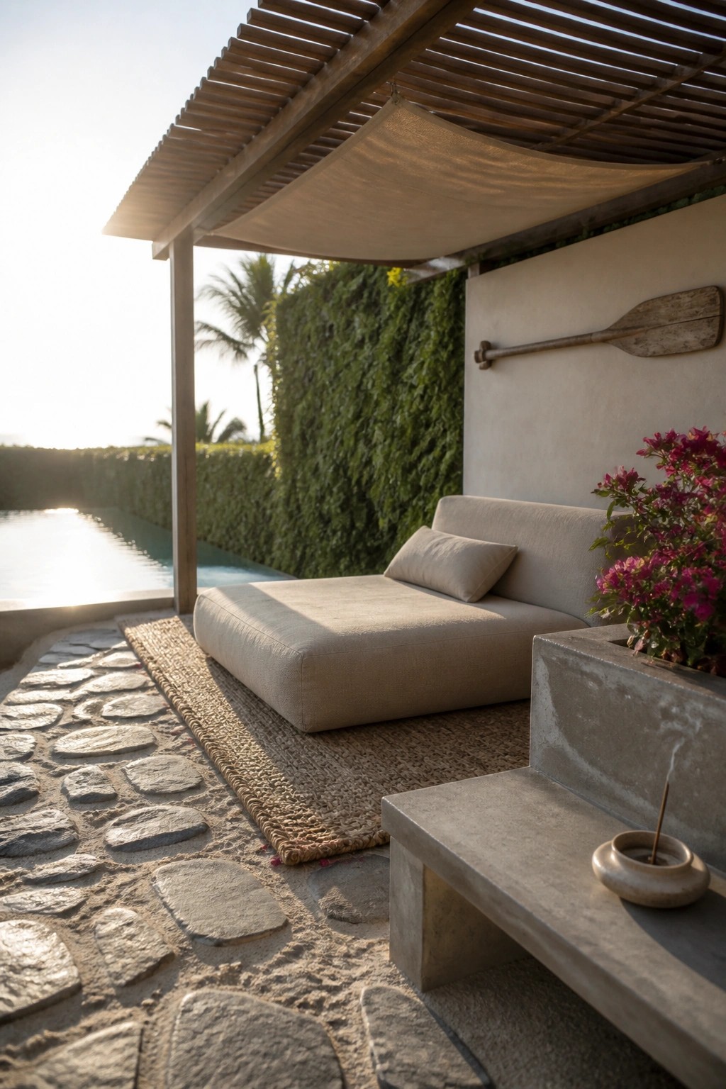 An outdoor lounge area beside a pool features a beige daybed under a wooden pergola with a fabric shade sail, a woven rug on stone pavers, and a concrete bench holding a small incense burner.