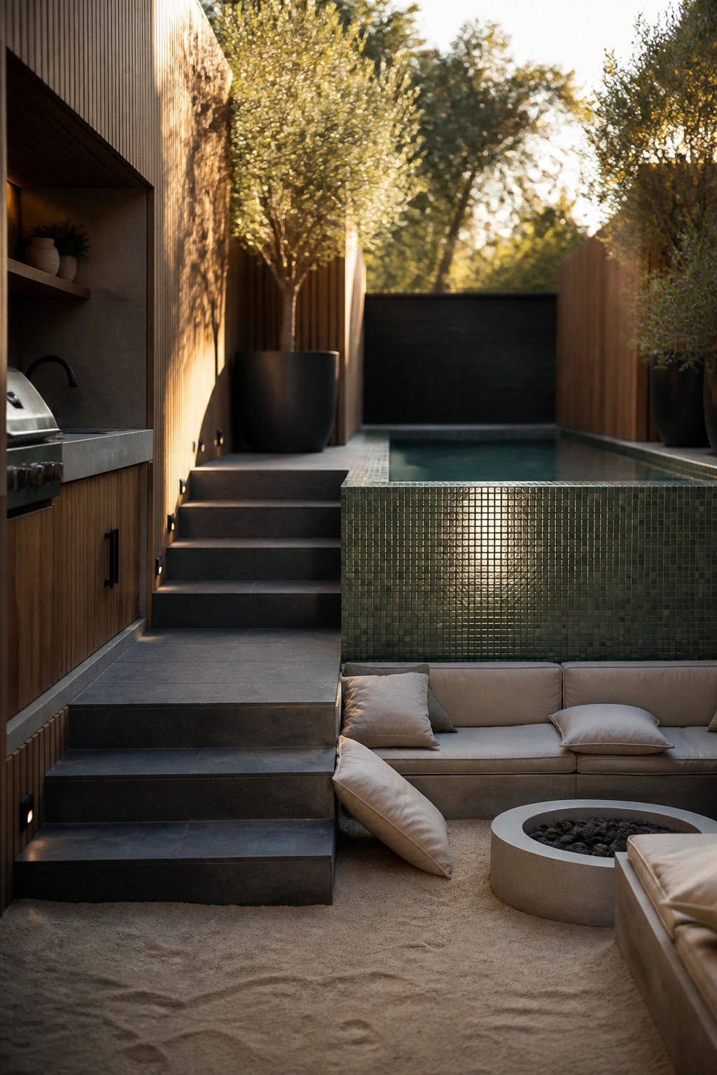 A narrow backyard with a rectangular pool, green tiled edge, built-in sofa seating, concrete steps, fire pit, and outdoor kitchen along the side of a house.