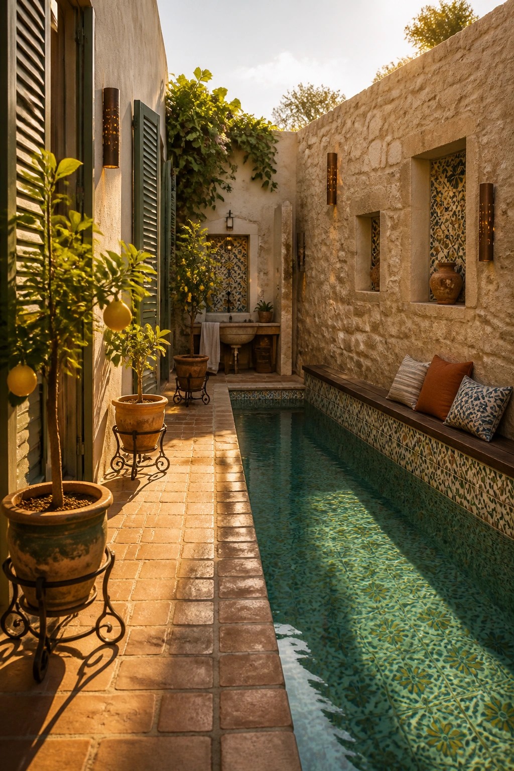 A long narrow pool with patterned tile borders runs beside a stone wall with a built-in bench and cushions in a sunlit courtyard.