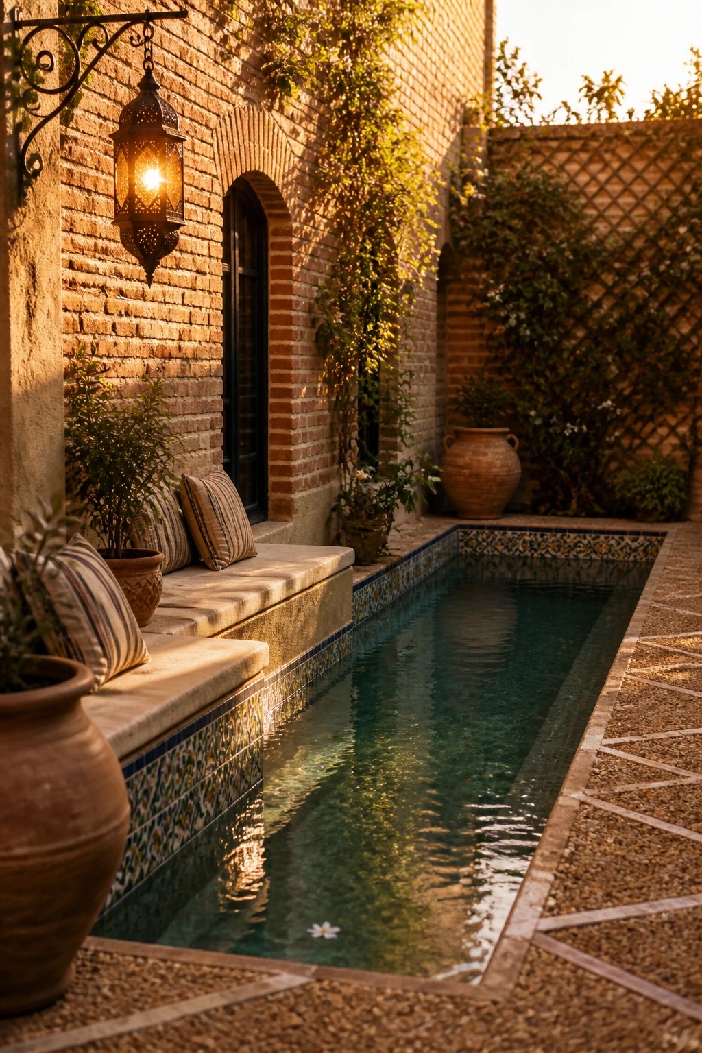 A narrow rectangular pool with colorful tile borders runs beside a brick wall with a built-in bench holding striped cushions and potted plants.