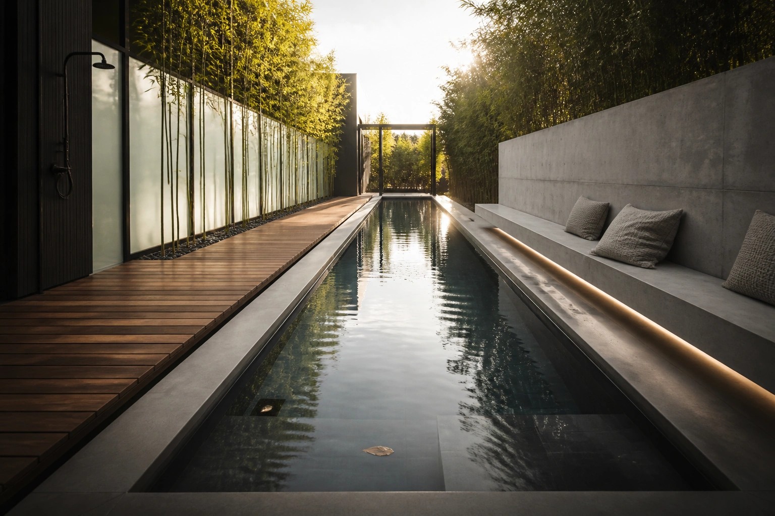 A narrow rectangular pool with wooden decking on the left side, a concrete bench with cushions on the right, and steps leading into the water at the foreground.