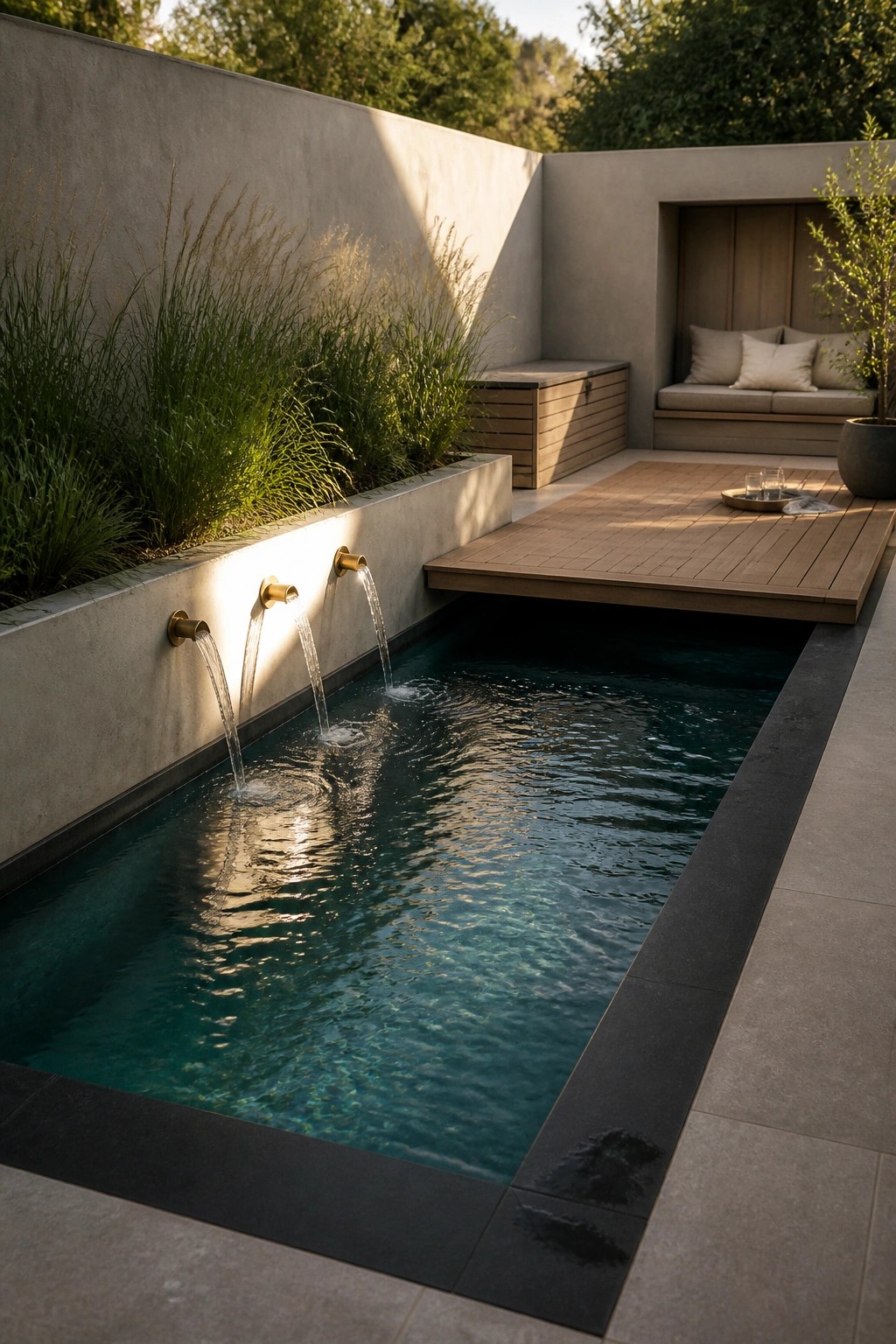 A narrow rectangular pool with water flowing from brass spouts mounted on a concrete wall, bordered by a wooden deck on one side.