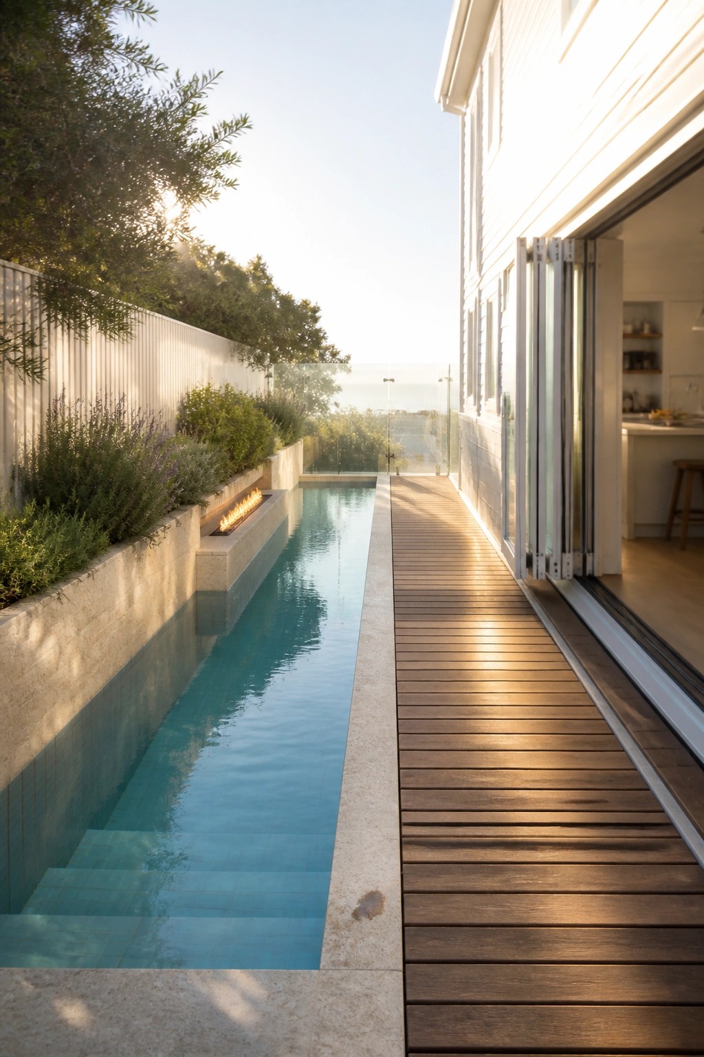 A long narrow pool runs parallel to a wooden deck beside a house with large sliding doors, with planters and a fire feature along the opposite wall.