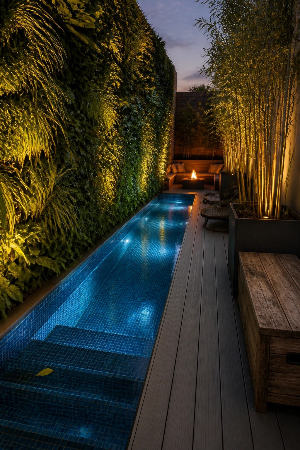 A long narrow swimming pool with blue tiles runs beside a tall living wall of green plants, with dark decking, a fire pit, and seating visible on the right side.