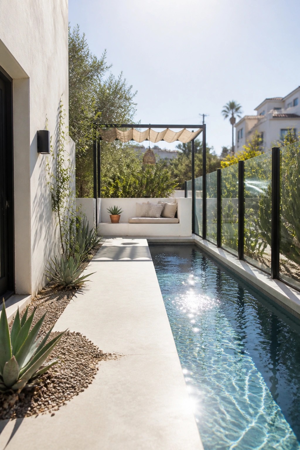 A long narrow pool runs beside a concrete walkway with built-in seating under a pergola and glass railings along one side.
