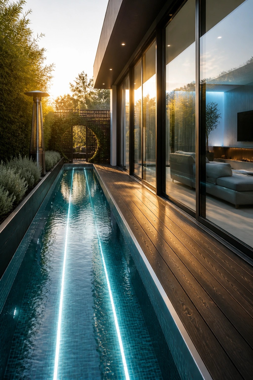 A long narrow lap pool with blue tile and glowing lights runs parallel to a modern house with large glass sliding doors and a wooden deck.