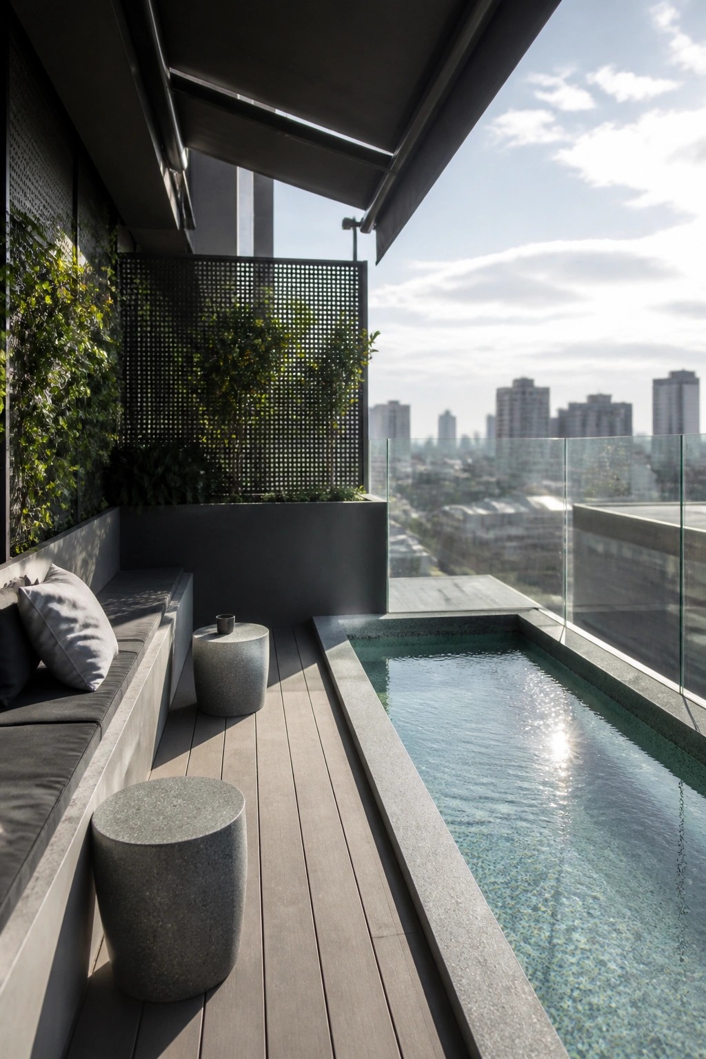 A narrow rectangular pool runs along the right edge of a wooden rooftop terrace with built-in concrete seating and gray stools on the left.