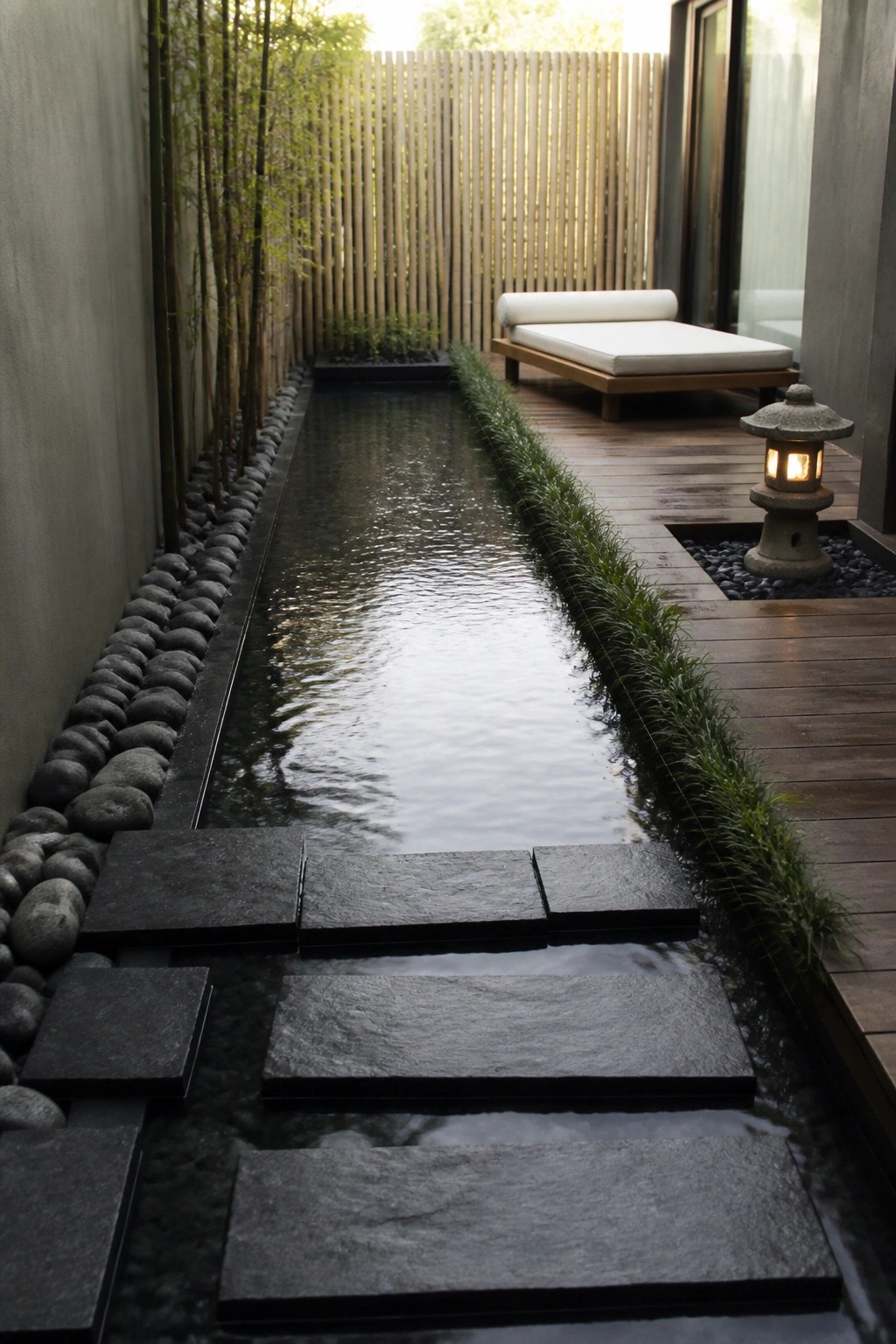 A narrow rectangular pool with dark stone stepping stones crossing the water, bordered by a wooden deck, bamboo plants, and a lounge chair at the far end.