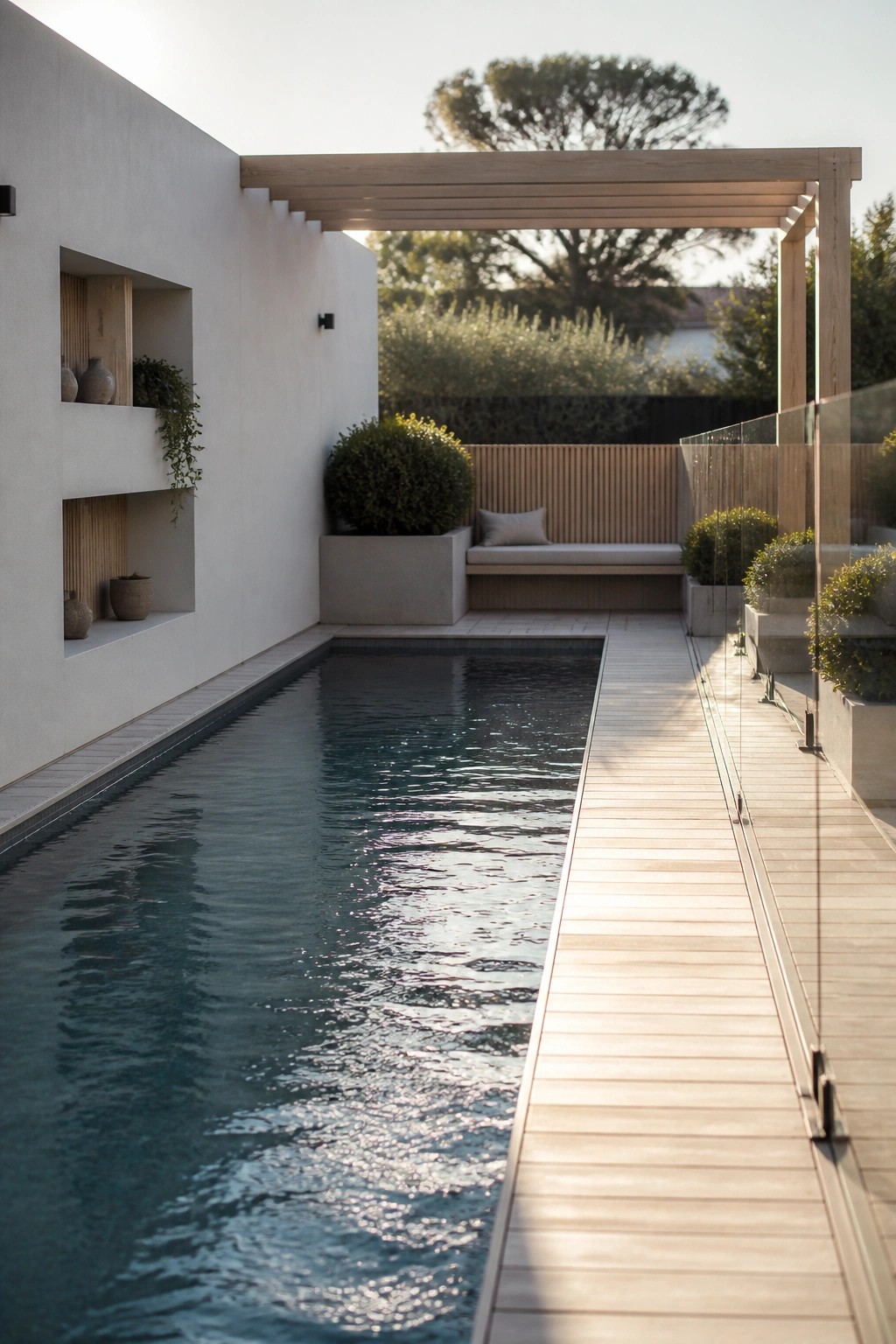 A narrow rectangular pool runs alongside a light wood deck, with built-in seating under a wooden pergola and recessed wall niches on the left.
