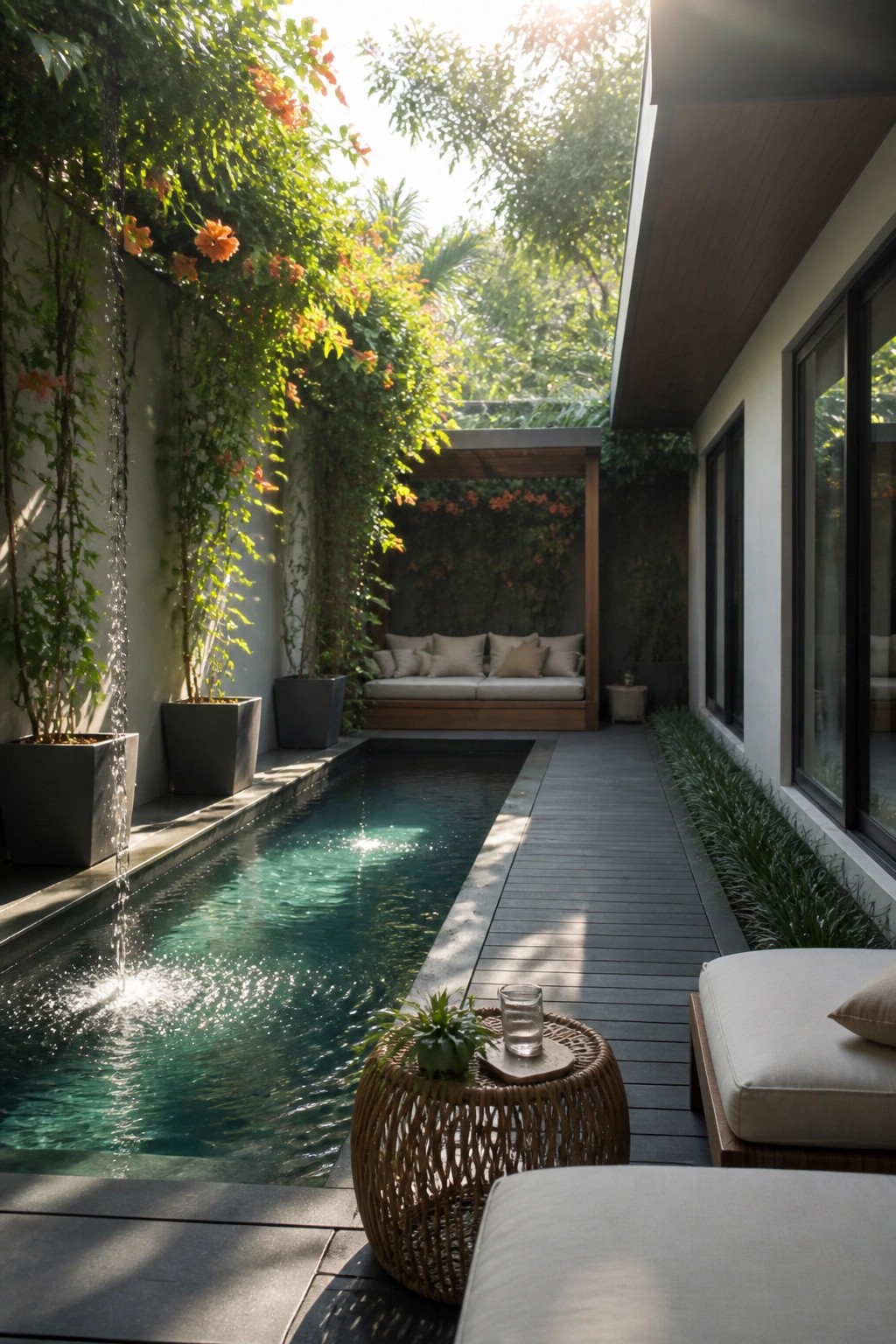 A long narrow pool runs parallel to a wooden deck with built-in seating and potted plants in an enclosed outdoor space.