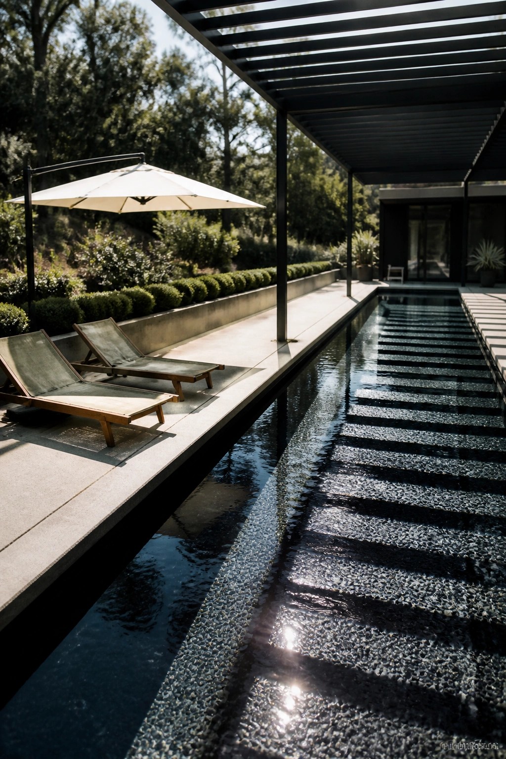A modern pool with dark water runs alongside a concrete patio with two lounge chairs, a large white umbrella, and a black slatted roof overhead, with greenery in the background.