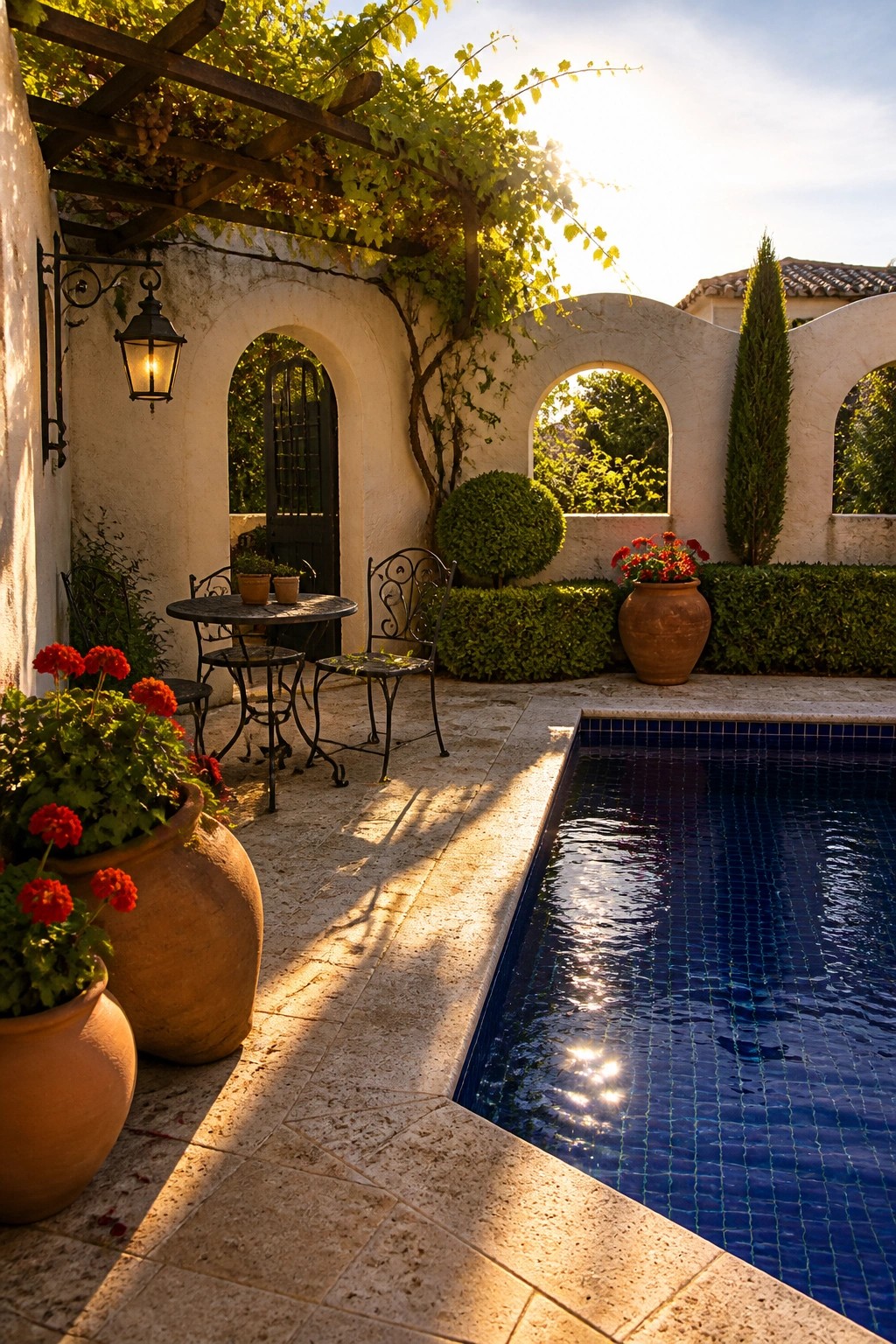 A blue-tiled swimming pool borders a stone patio with a metal bistro table and chairs under a wooden pergola covered in vines, along with terracotta pots of red flowers and arched wall openings.