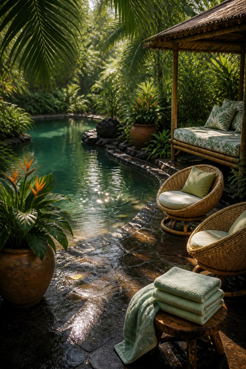 A natural pool with stone edging is lined by a bamboo thatched pavilion holding a cushioned daybed, two wicker lounge chairs, and stacked towels on a wooden stool, surrounded by tropical plants and foliage.