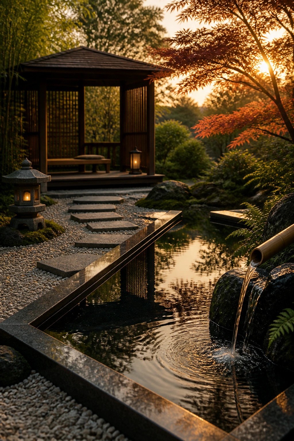 A wooden pavilion with a bench sits beside a stone path and pond with a bamboo water spout in a garden at sunset.