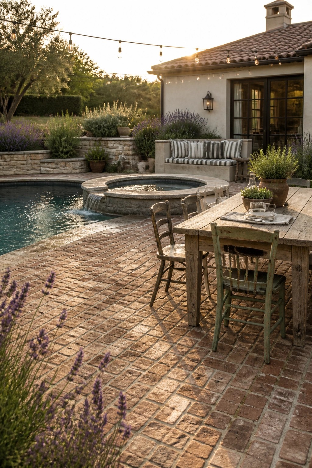 A wooden dining table with mismatched chairs sits on a brick patio next to a swimming pool, with string lights above and a house visible in the background.