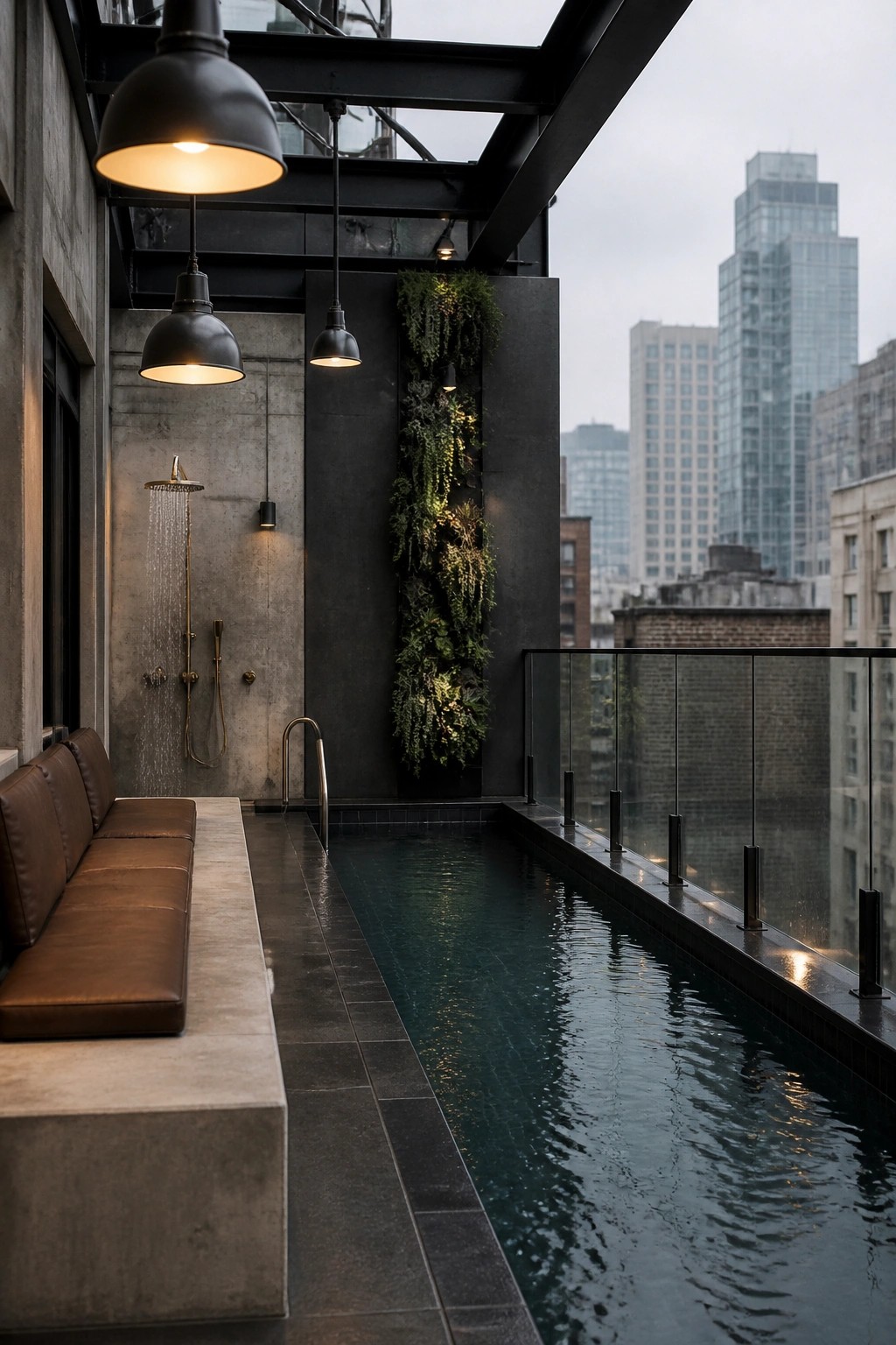 A narrow outdoor lap pool on a rooftop terrace with a long concrete bench, outdoor shower, vertical garden wall, and city skyline in the background.