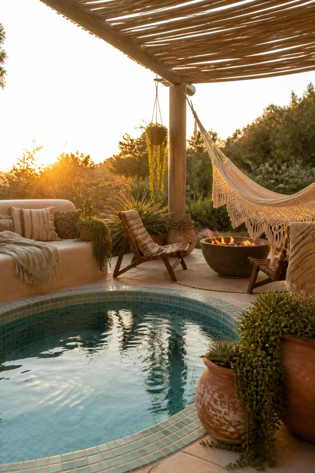 A pool with blue tiles sits beside a patio with a fire pit, hammock, lounge chairs, and a wooden pergola overhead at sunset.