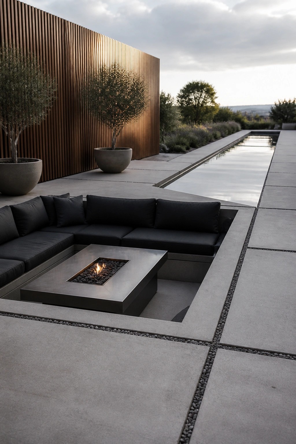 An outdoor concrete patio features L-shaped built-in seating with dark cushions surrounding a rectangular metal fire pit, positioned beside a long narrow pool.