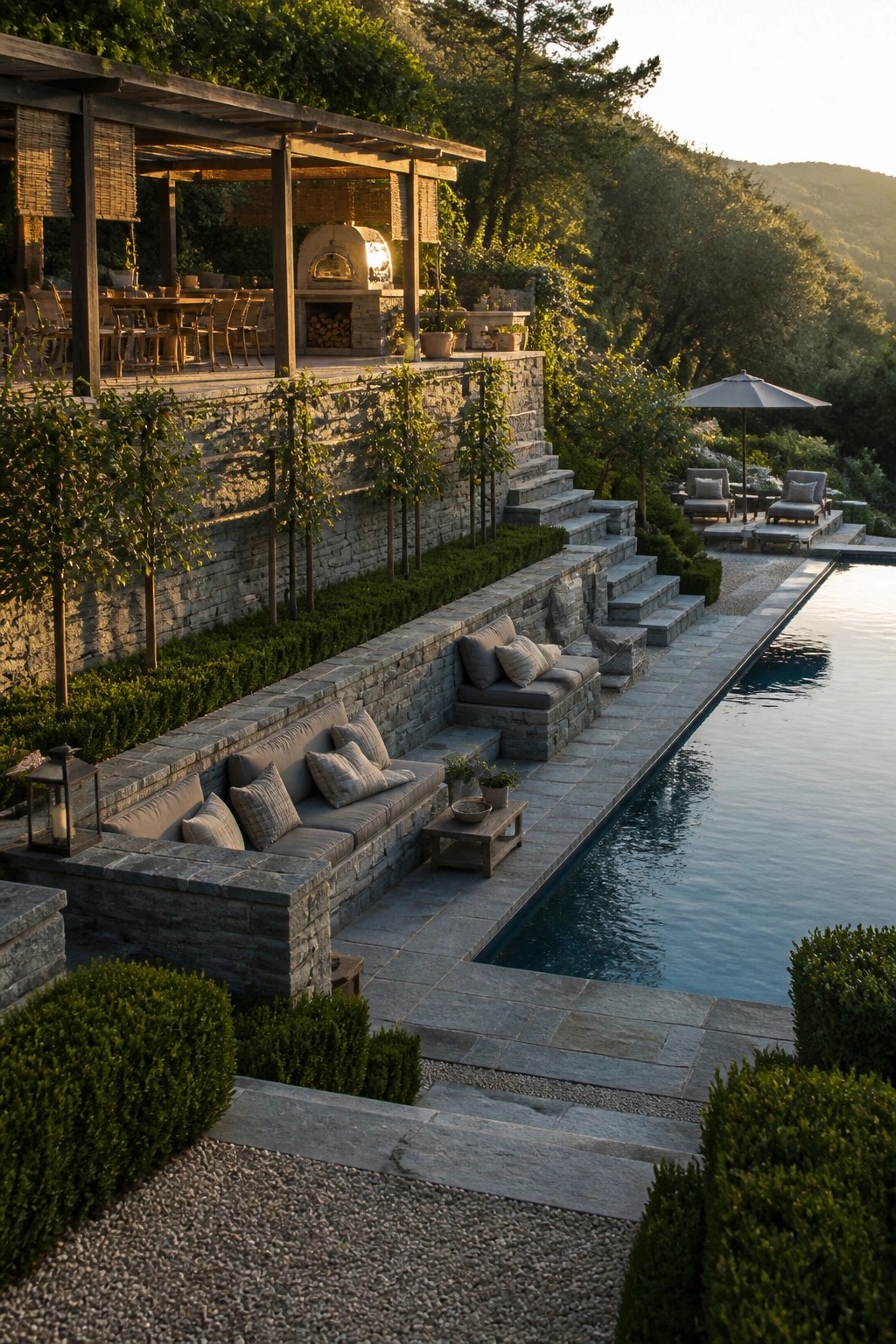 A hillside pool patio with long built-in stone benches topped with cushions, adjacent to an infinity pool, stone steps, and a covered outdoor dining area with a pizza oven.