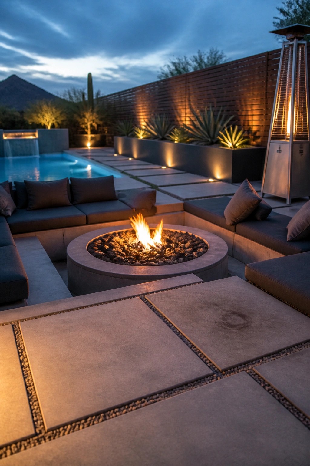 A circular concrete fire pit with burning logs sits at the center of a stone patio surrounded by dark gray built-in seating next to a swimming pool.