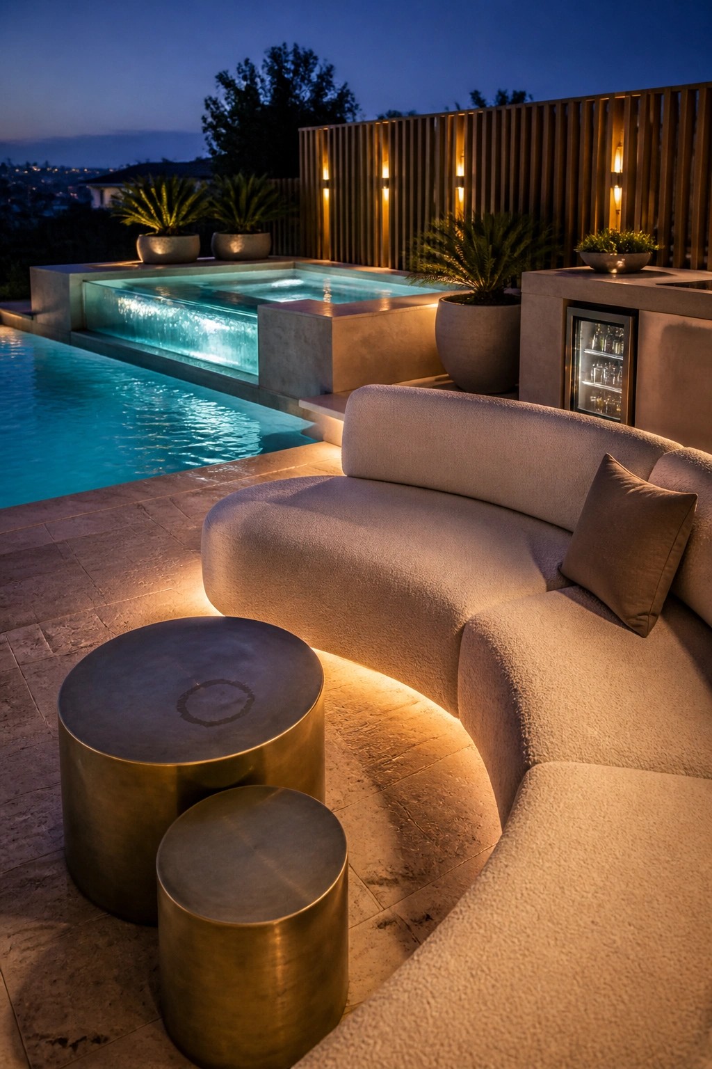 A curved outdoor sectional sofa with round metal tables sits on a tiled patio next to an illuminated pool at dusk.