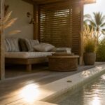 A wooden pool deck with a striped cushioned daybed under a slatted wooden overhang, next to a swimming pool with potted plants and a wicker side table.