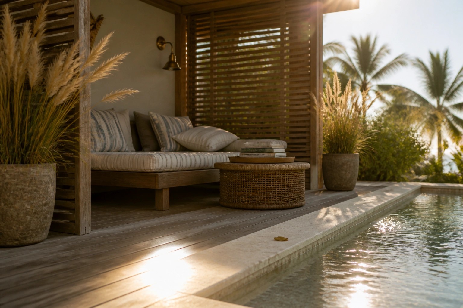 19 Cozy Pool Patio and Lounge Ideas for Effortless Outdoor Living A wooden pool deck with a striped cushioned daybed under a slatted wooden overhang, next to a swimming pool with potted plants and a wicker side table.