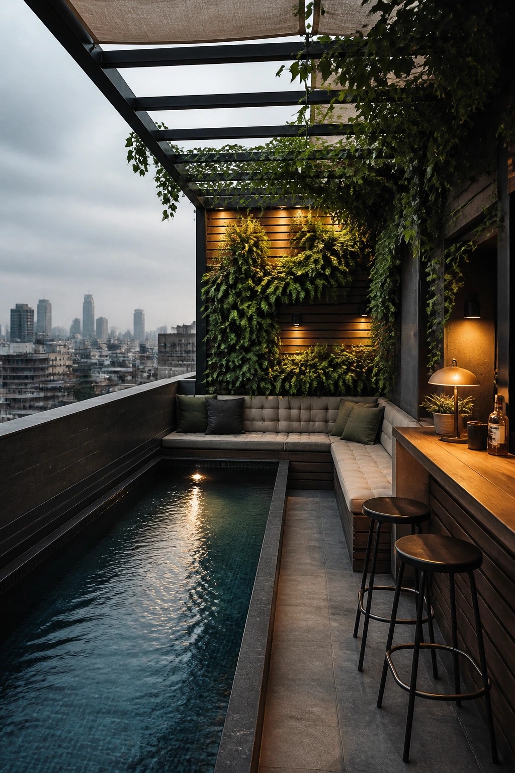 A rooftop terrace shows a long narrow pool next to an L-shaped built-in sofa, a wooden bar counter with two stools, and walls covered in hanging plants overlooking a city skyline.