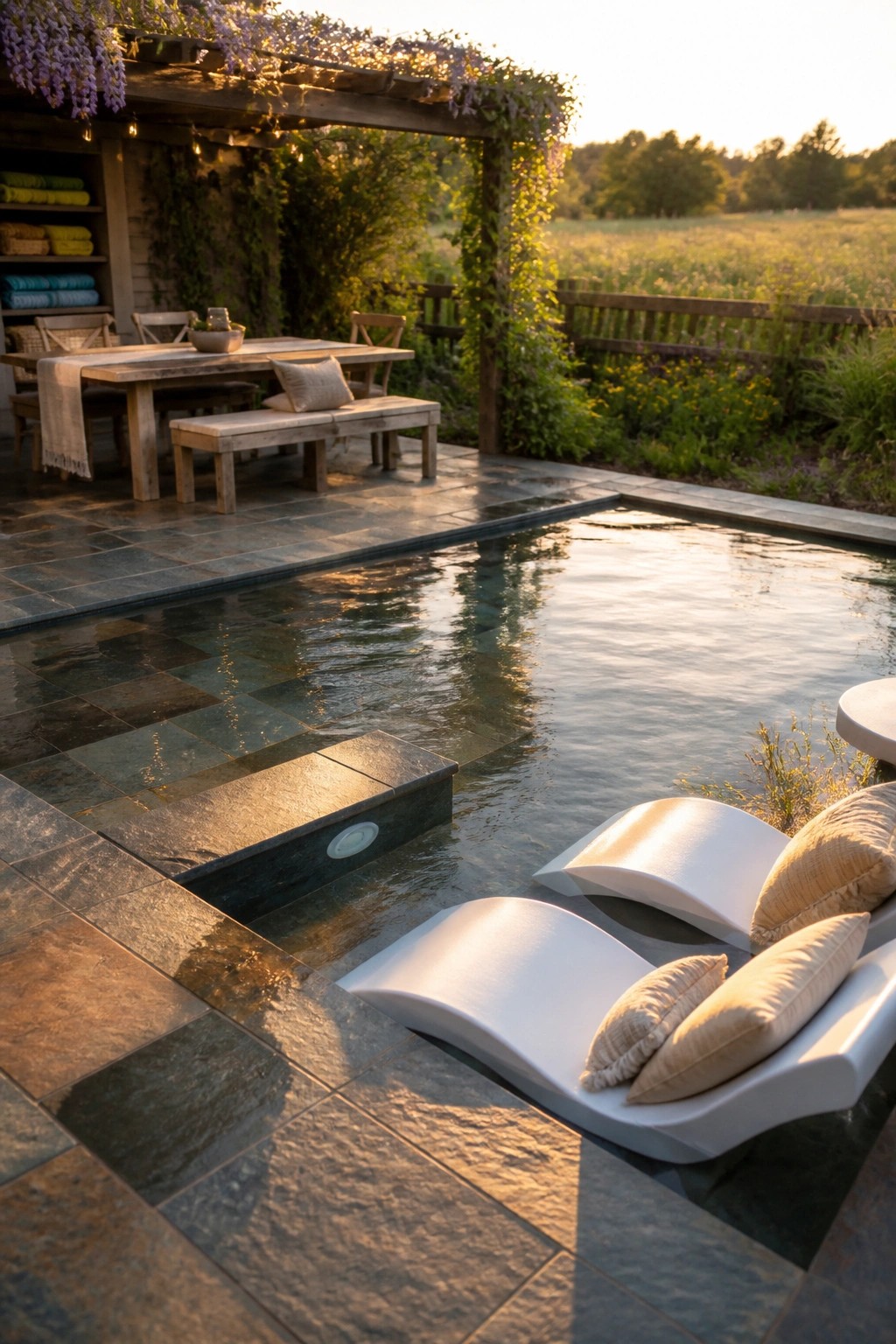A rectangular pool with white curved lounge chairs on the stone deck at the water's edge, a wooden dining table and bench under a vine-covered pergola behind it, and a wooden fence with open fields beyond.