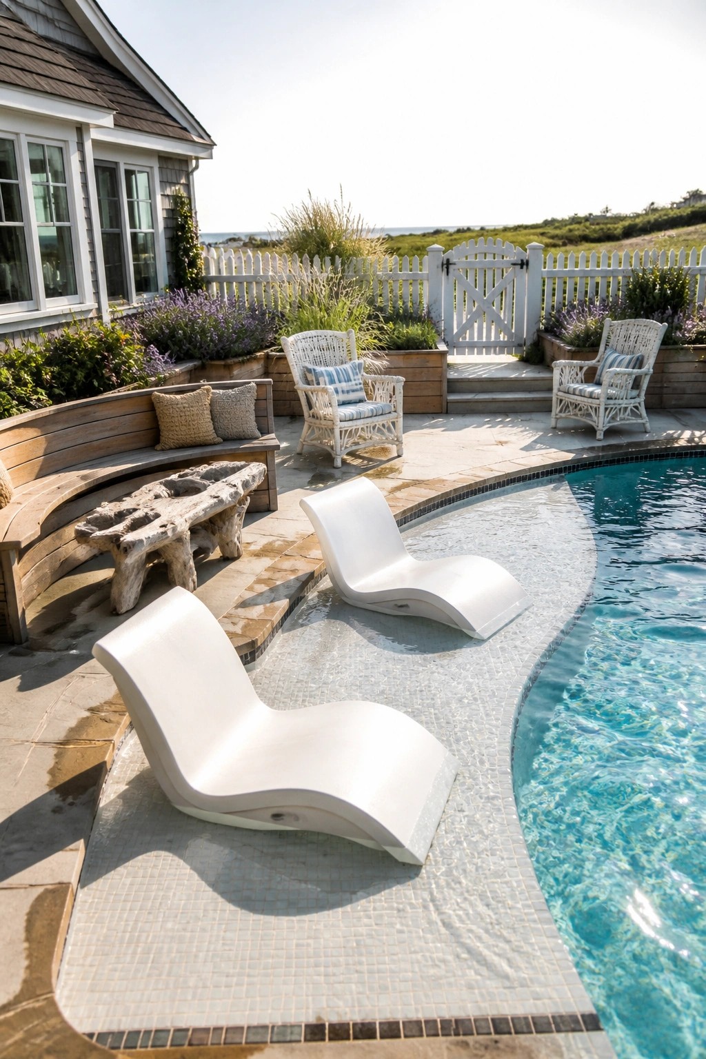 Two white modern chaise lounge chairs sit on the tiled deck directly beside a curved swimming pool, with additional wicker seating and a wooden bench visible nearby.