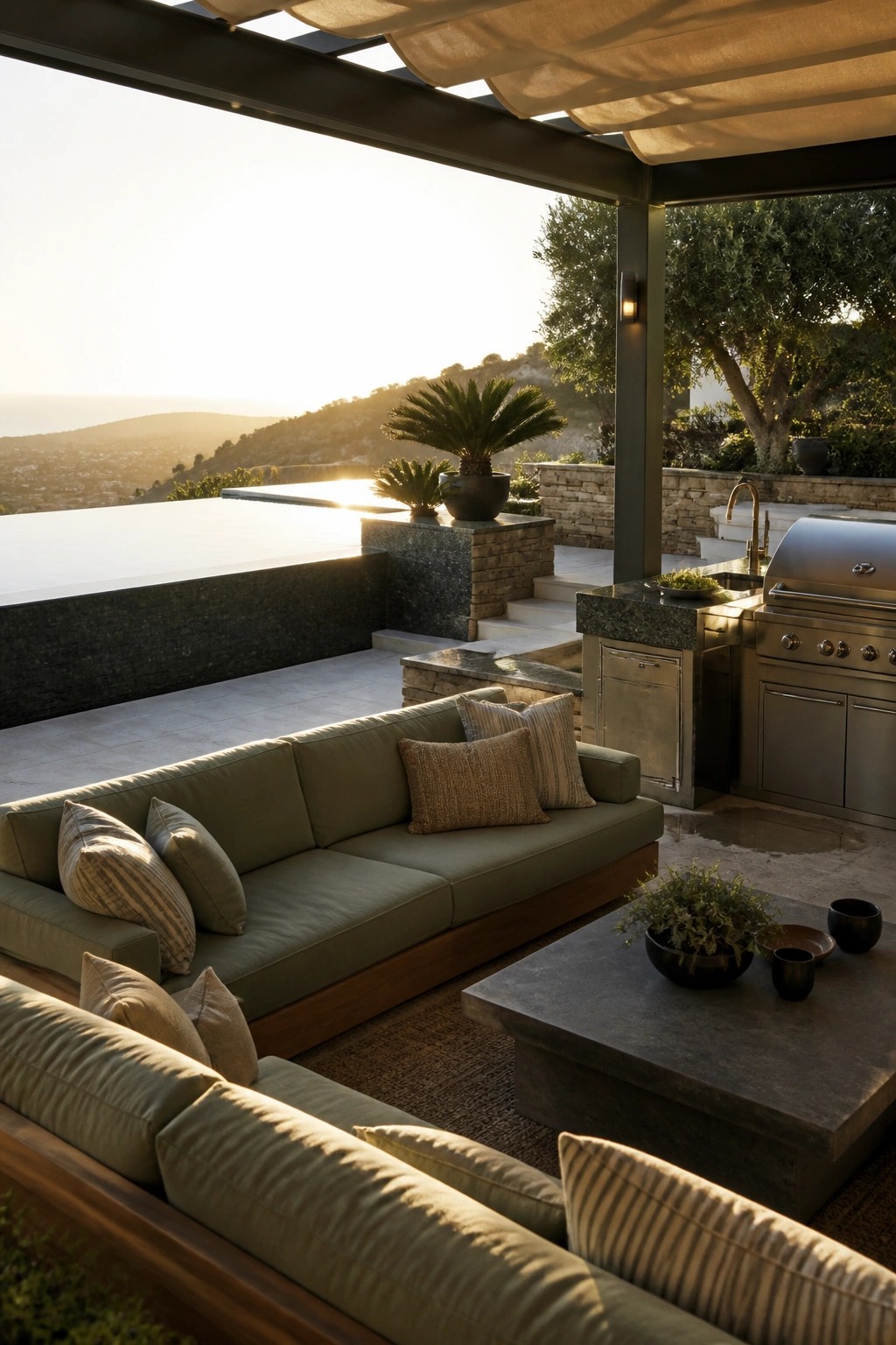 Luxurious sunset patio with green sectional sofa, stone coffee table, and outdoor grill kitchen