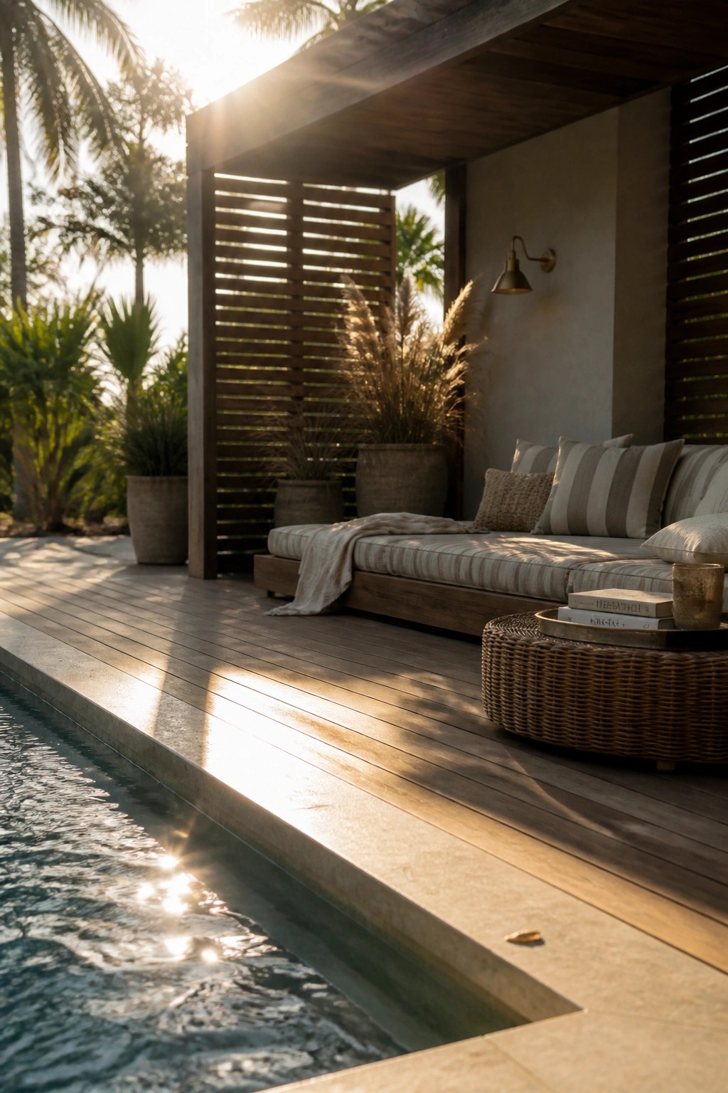 A wooden pool deck with a striped cushioned daybed under a slatted wooden overhang, next to a swimming pool with potted plants and a wicker side table.